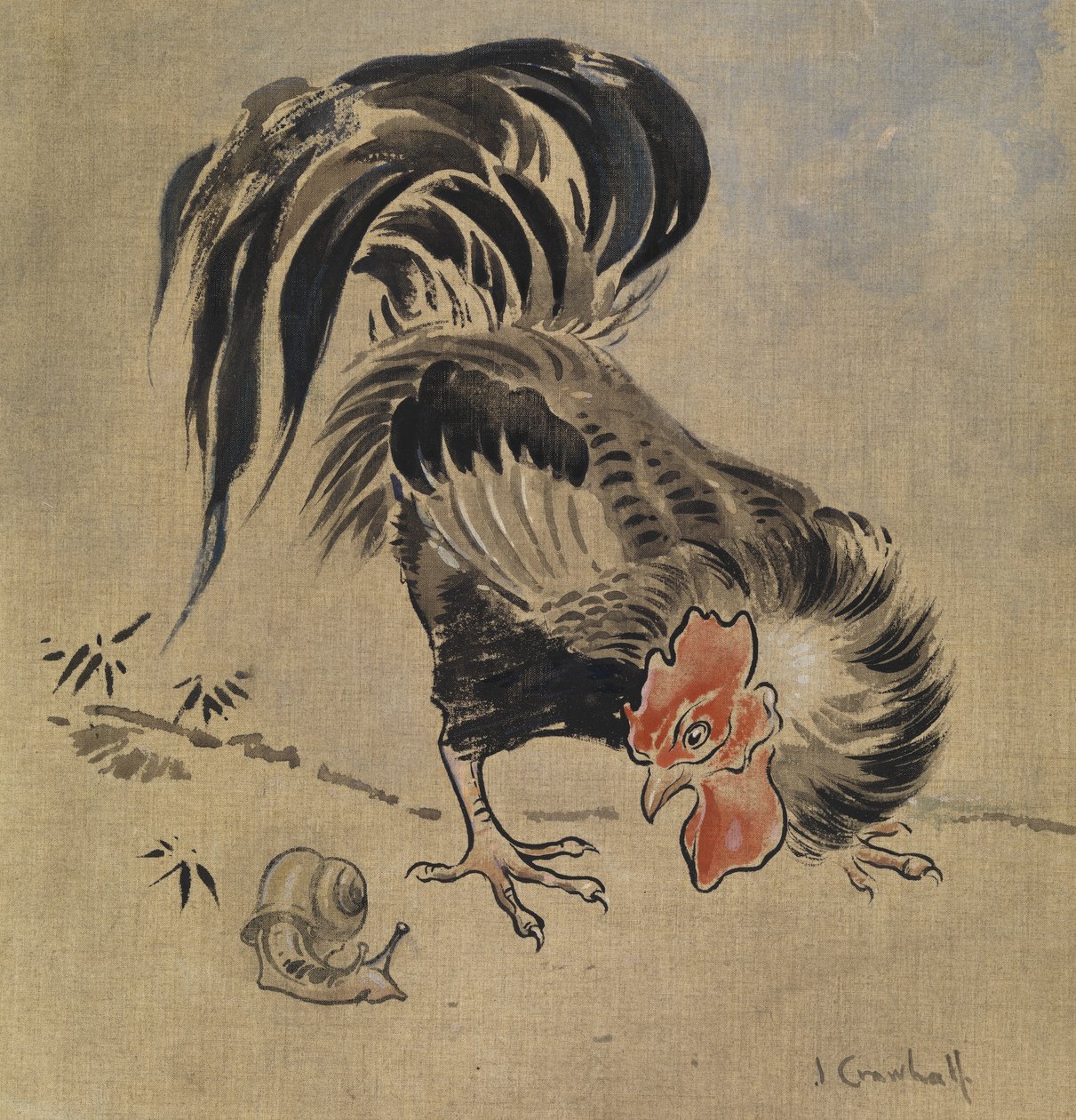 Spansk hane og snegl (gouache på lin) av Joseph Crawhall