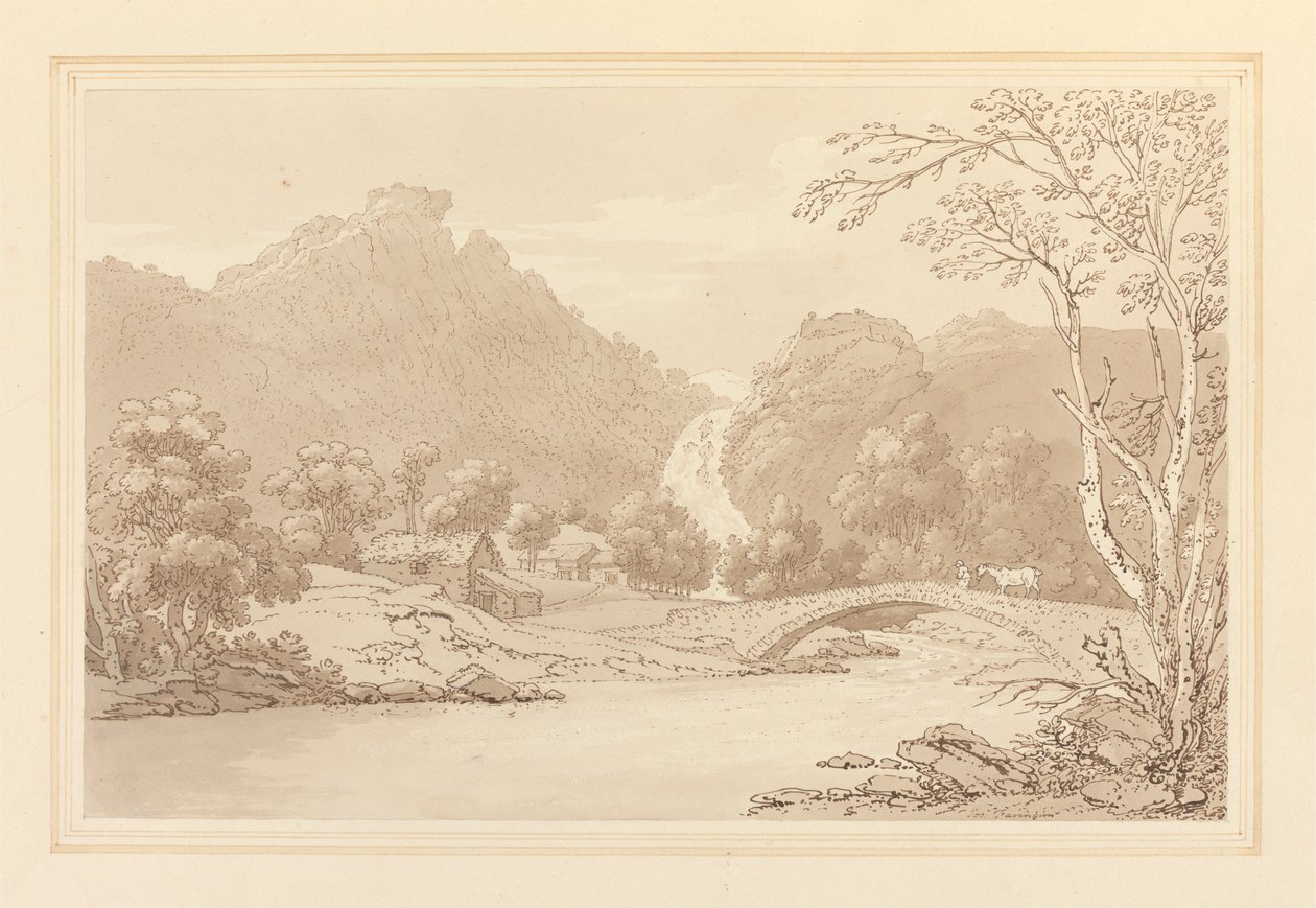 Lodore Rocks & fall forfra av Joseph Farington