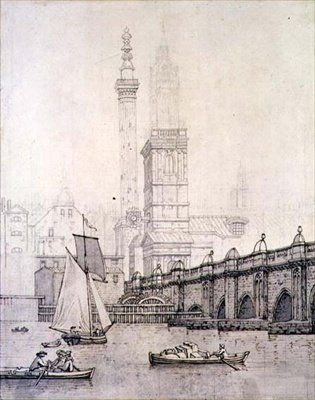 Old London Bridge og monumentet av Joseph Farington
