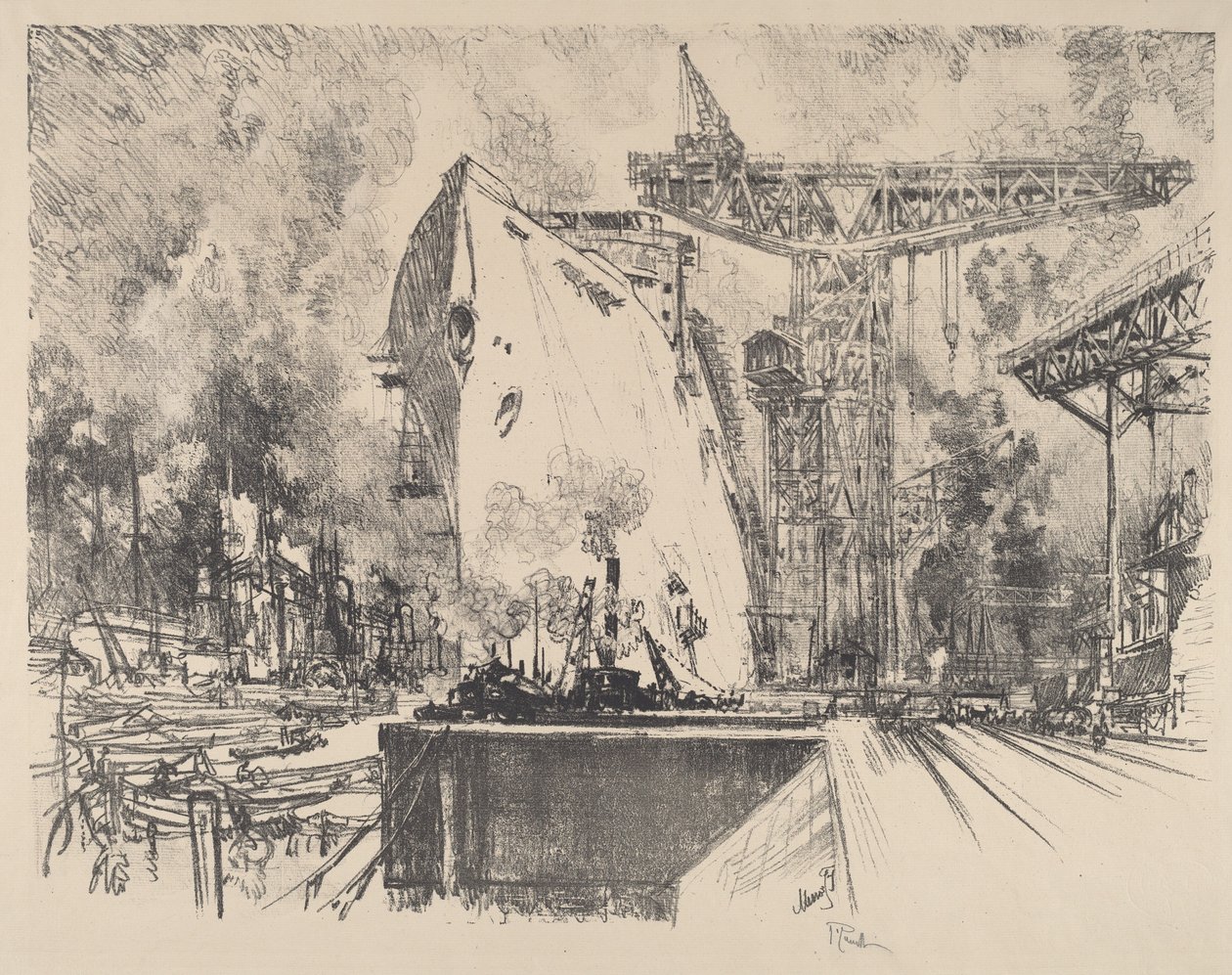 Bygge Bismarck, Hamburg, 1914. av Joseph Pennell