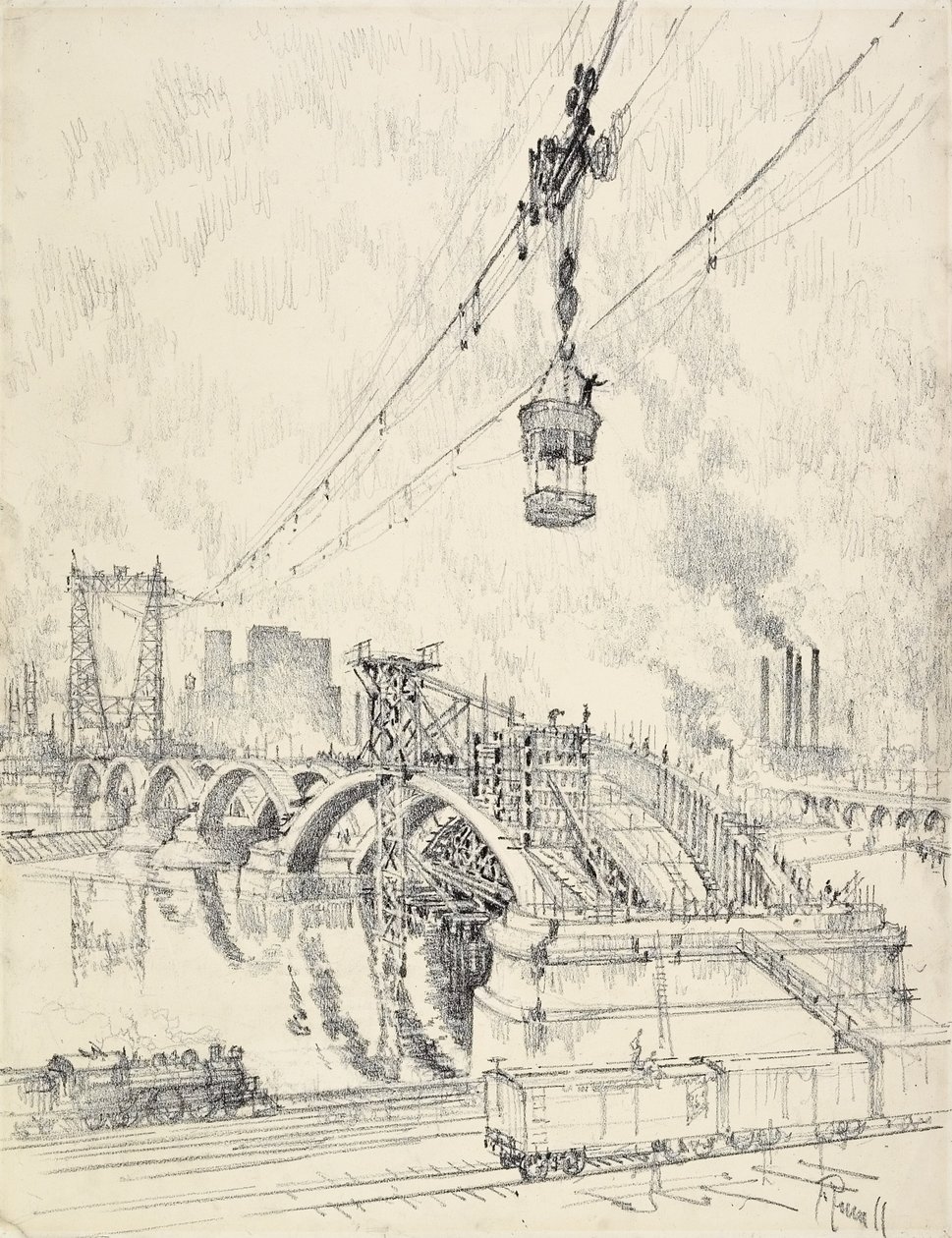 Building the Bridge, Minneapolis, 1915 av Joseph Pennell
