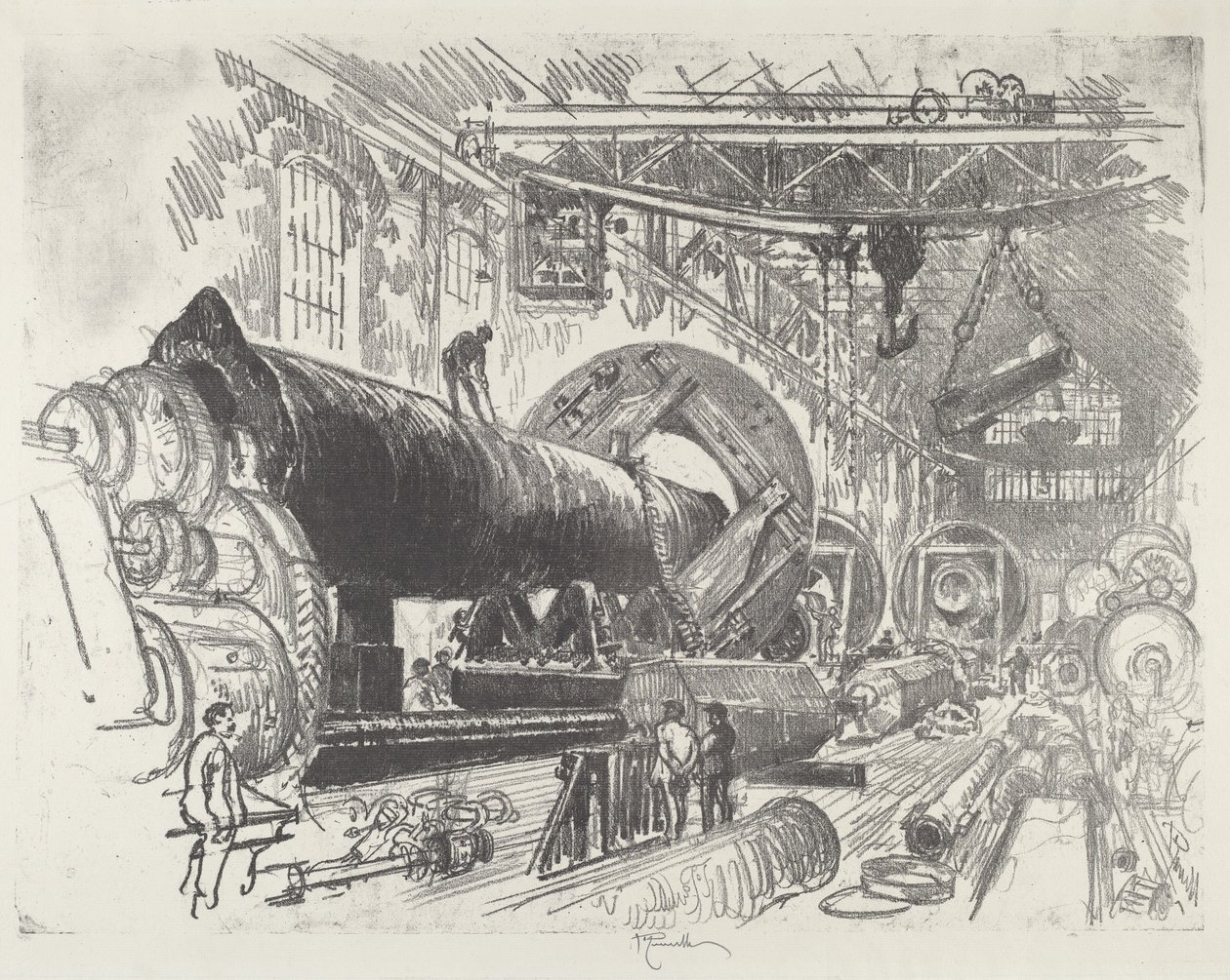 Cutting and Turning a Big Gun, 1916. av Joseph Pennell