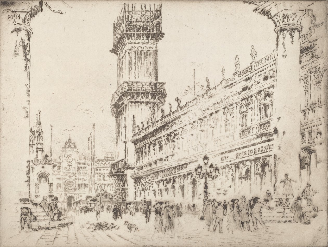 Gjenoppbygging av Campanile, Venezia, No.II, 1911. av Joseph Pennell