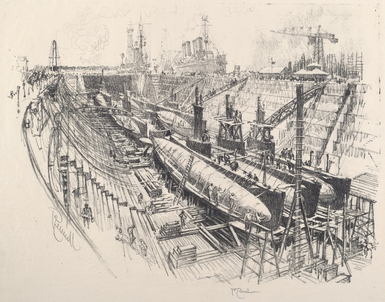 Ubåter i Dry Dock av Joseph Pennell