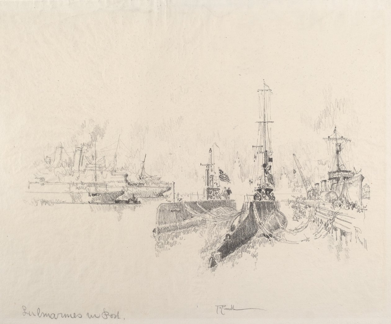 Ubåter i havn, 1917. av Joseph Pennell