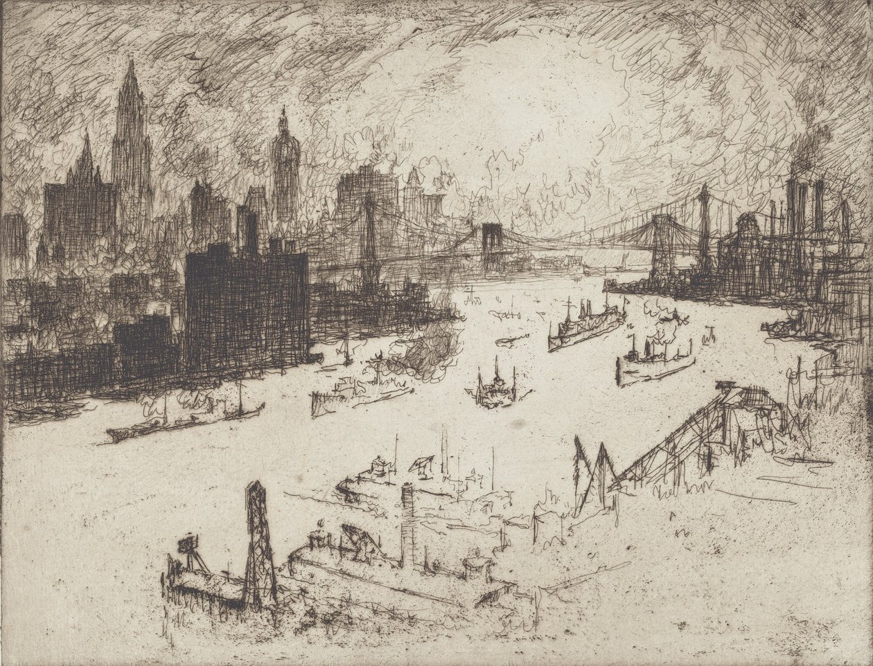 Solnedgang, fra Williamsburg Bridge, 1915. av Joseph Pennell