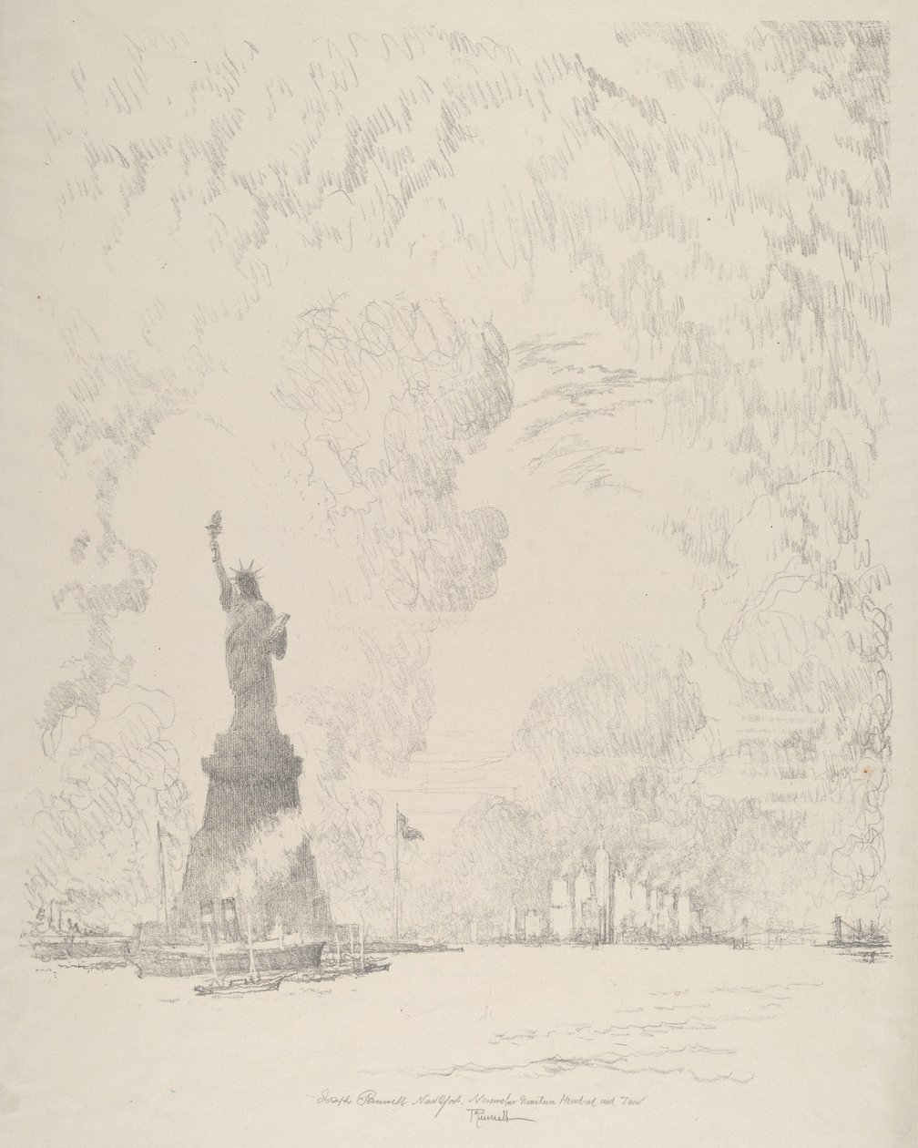 Statuen, New York Bay av Joseph Pennell