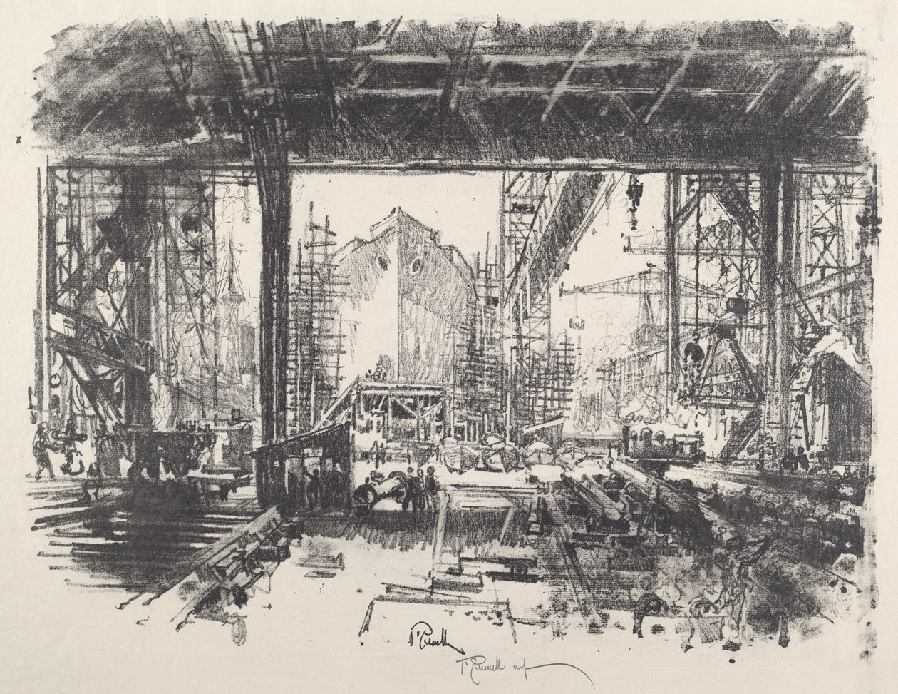 Under skuret, 1917. av Joseph Pennell