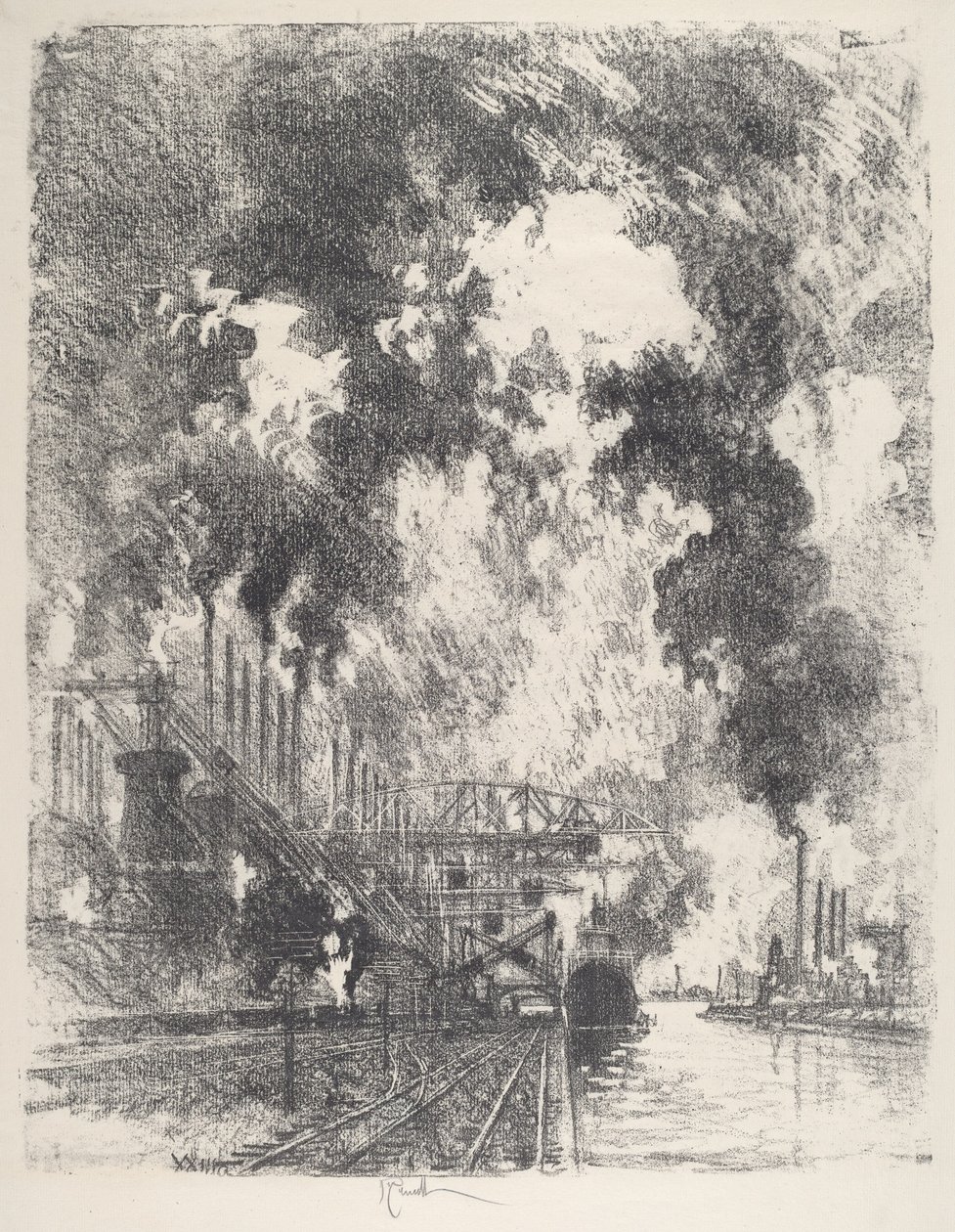 Lossing av malm, 1917. av Joseph Pennell