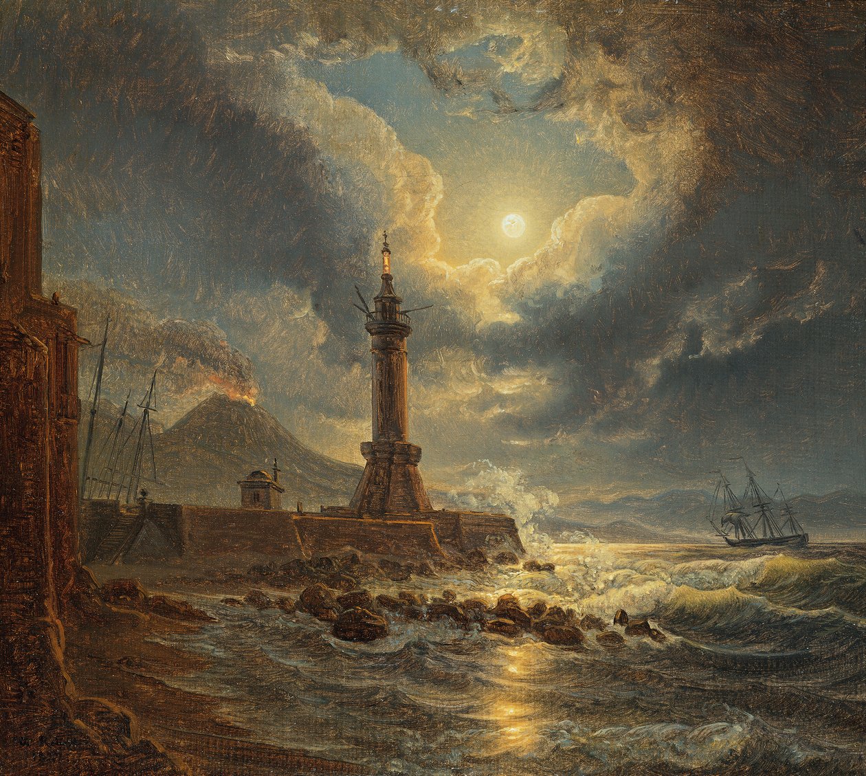 Fyr i havnen i Napoli ved måneskinn av Joseph Rebell