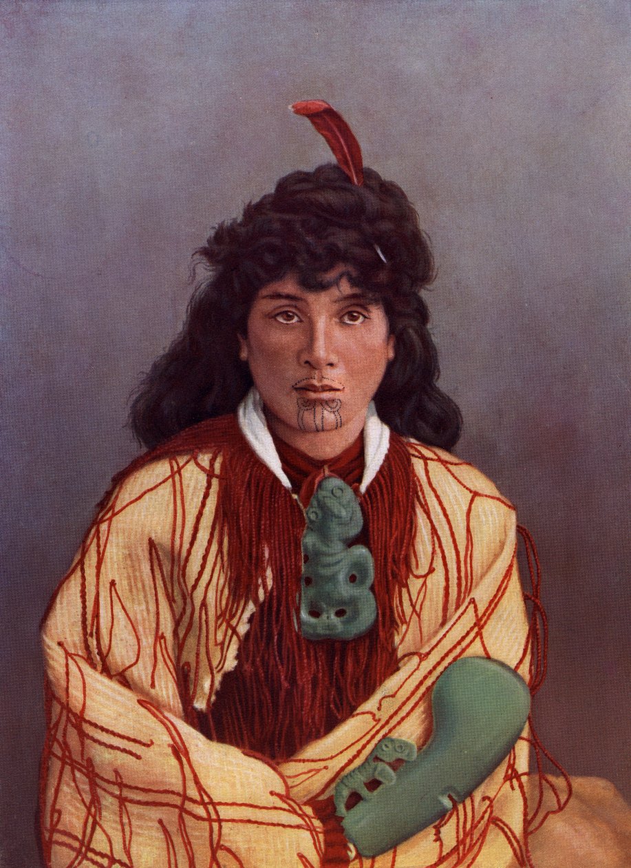 Portrett av en ung maorikvinne, Susan Rotorua, ca. 1890 (litho i farge etter et albumtrykk) av Josiah Martin