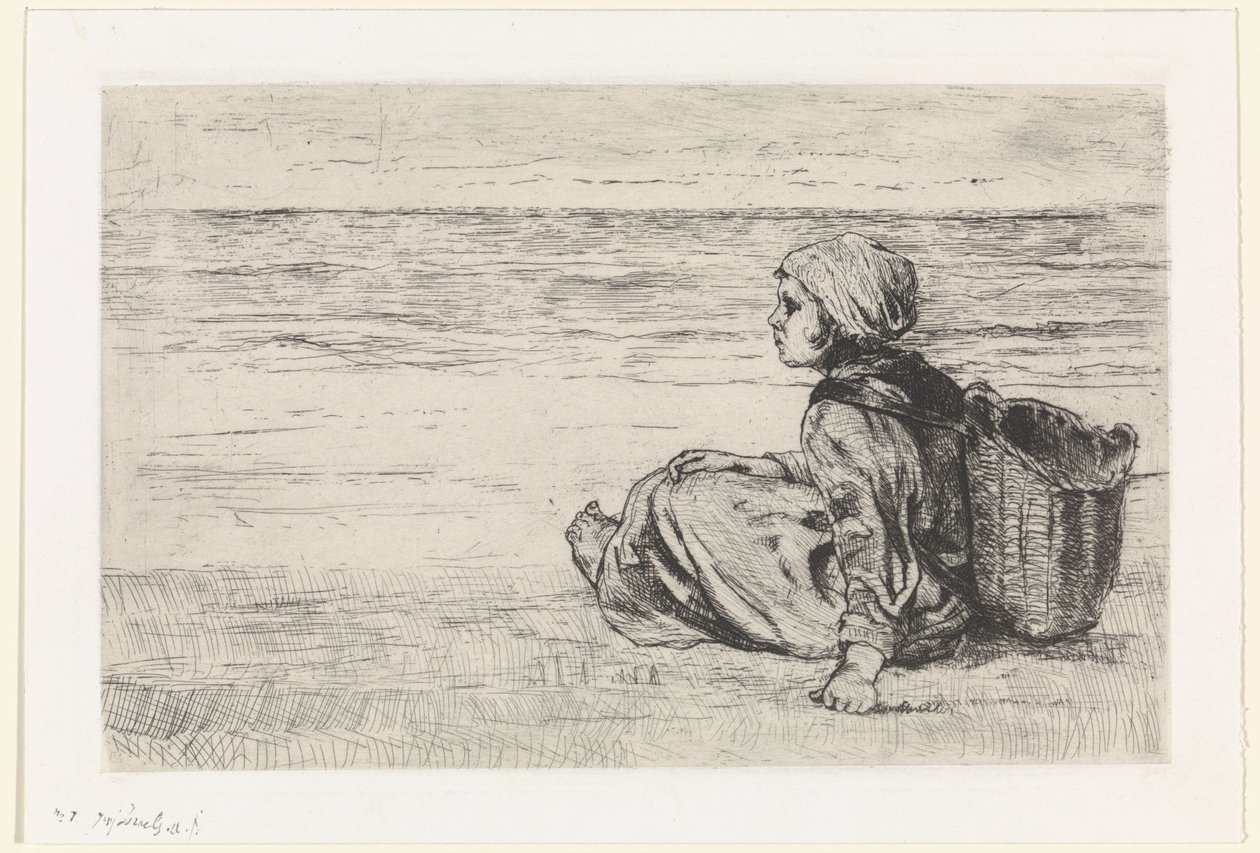 Jente ved sjøen av Jozef Israëls (signed by artist)