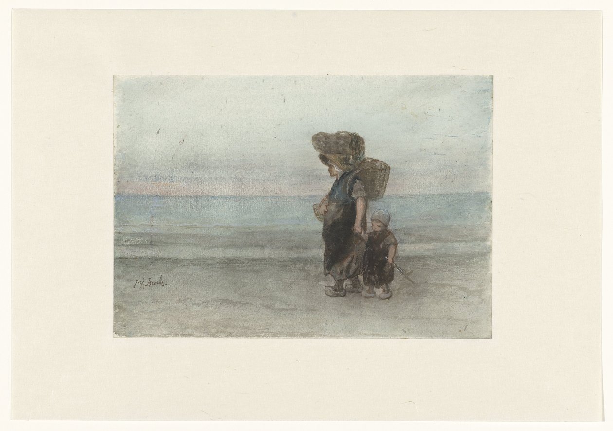Kvinne med barn, går på stranden av Jozef Israëls
