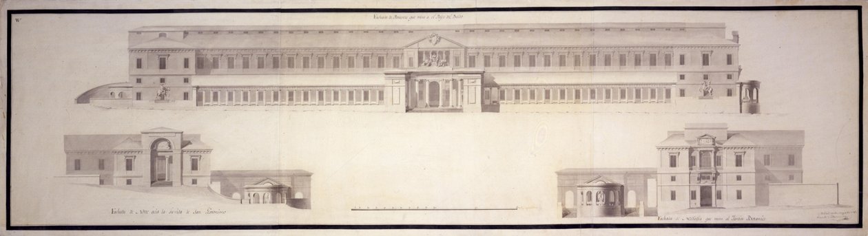 Cabinet of Natural History, i dag Prado -museet. Høyde over hoved- og sidefasadene (heller ikke ... av Juan de Villanueva