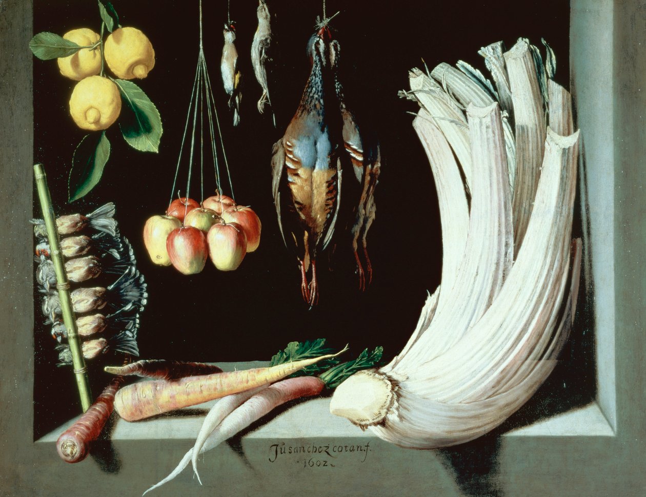 Stilleben med døde fugler, frukt og grønnsaker, 1602 av Juan Sanchez Cotan