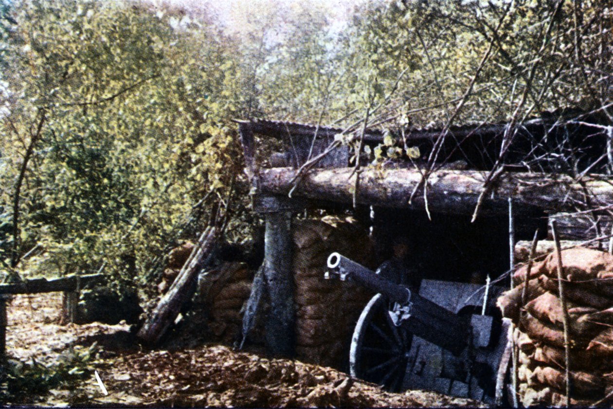 En kamuflert fransk 75 mm pistol under trærne under slaget ved Verdun, september 1916 (autokrom) av Jules Gervais Courtellemont