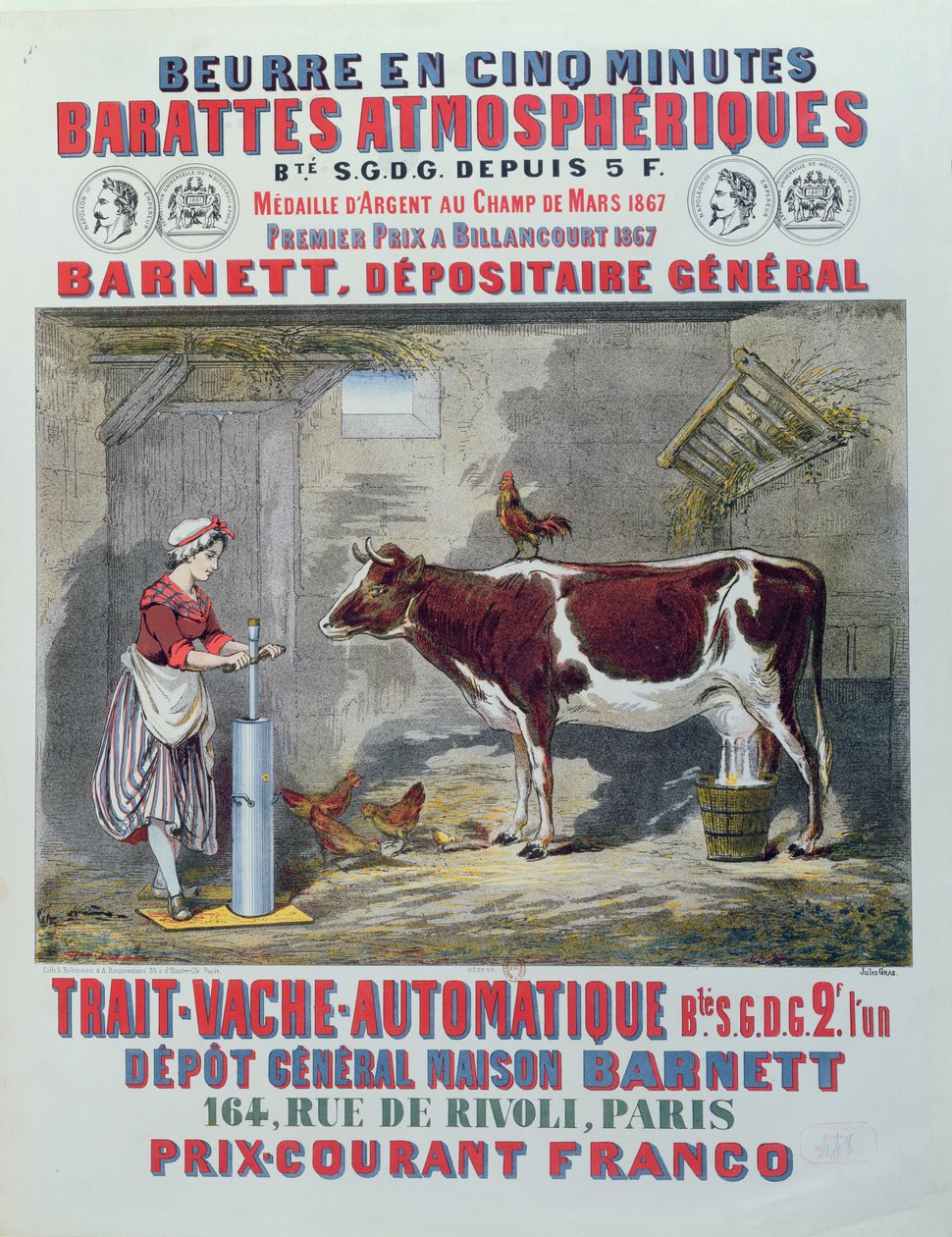 Annonse for Atmospheric Churn og Automatic Milking Machine, fra Maison Barnett, Paris, ca. 1867 av Jules Gras