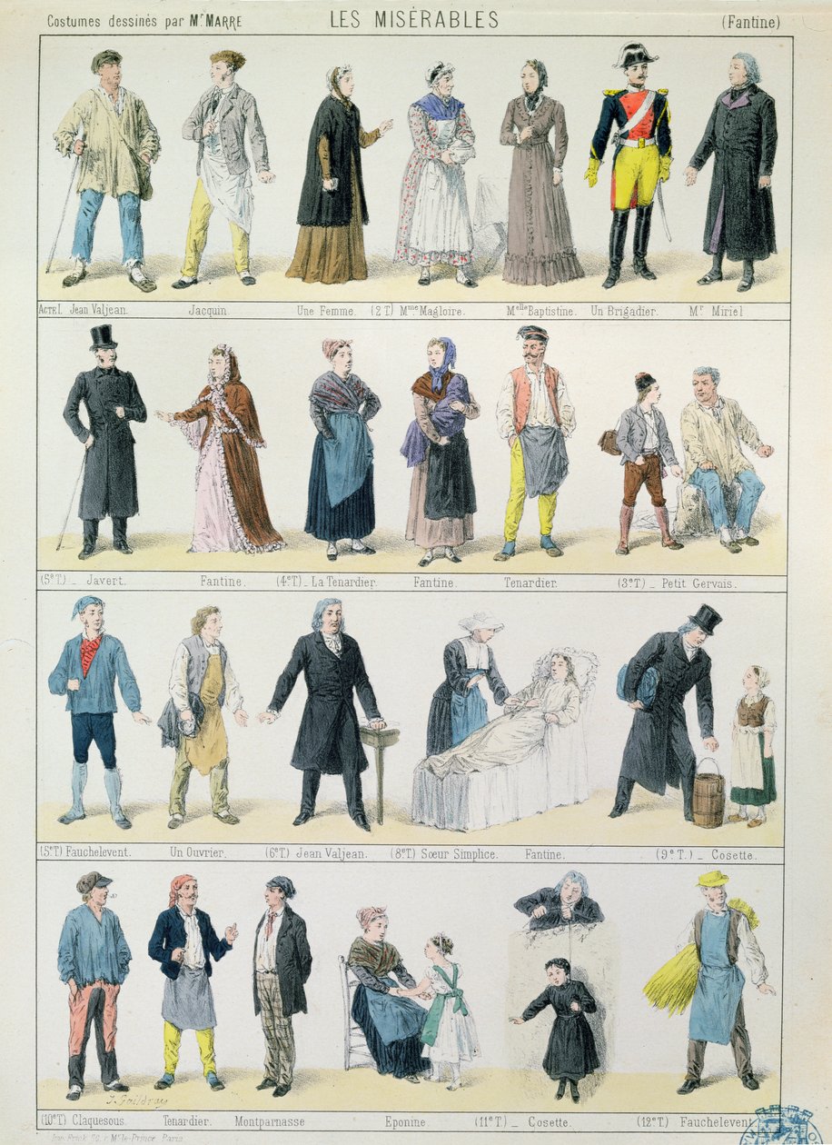Kostymedesign for en tilpasning av Les Miserables av Victor Hugo (1802-85) for teatret, 1878 av Jules Marre