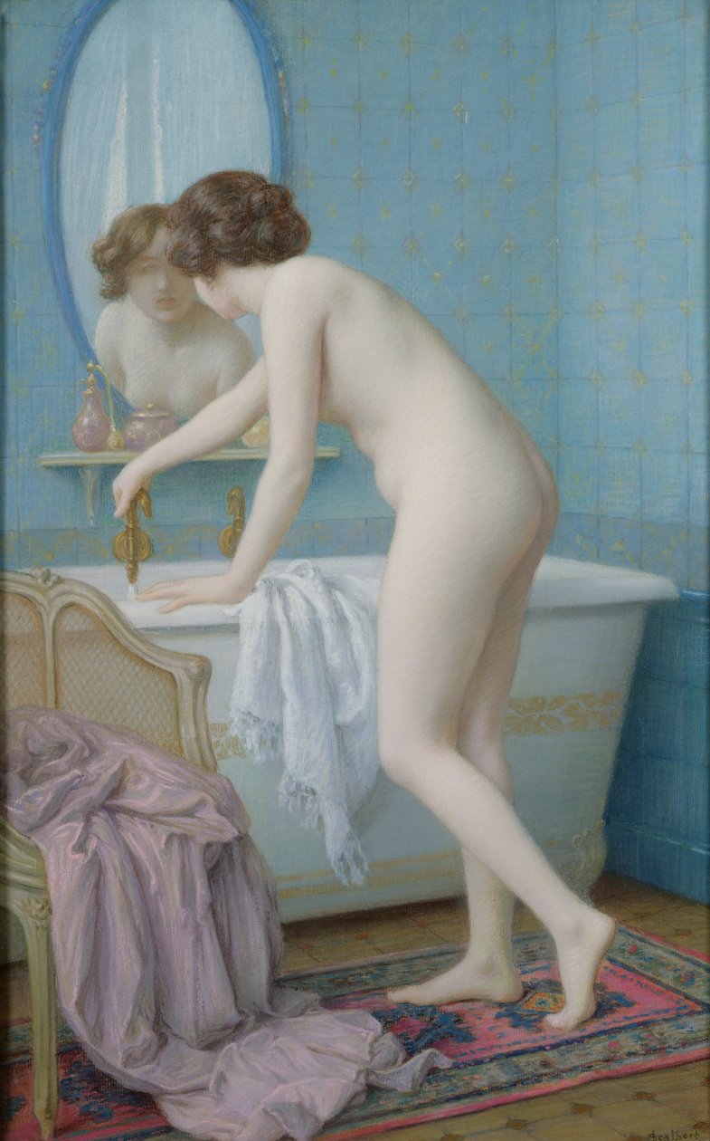 Ung kvinne forbereder badet sitt (pastell på papir) av Jules Scalbert
