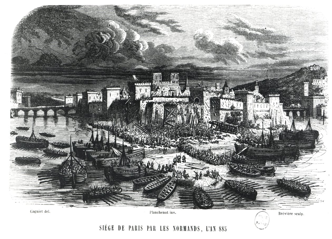 Nordmenn beleiret Paris i 885, 1800-tallet av Jules pseudonym for Gagne, Jacques Gagniet