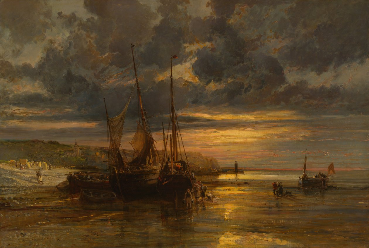 Strandede fiskebåter, . av Jules Achille Noel