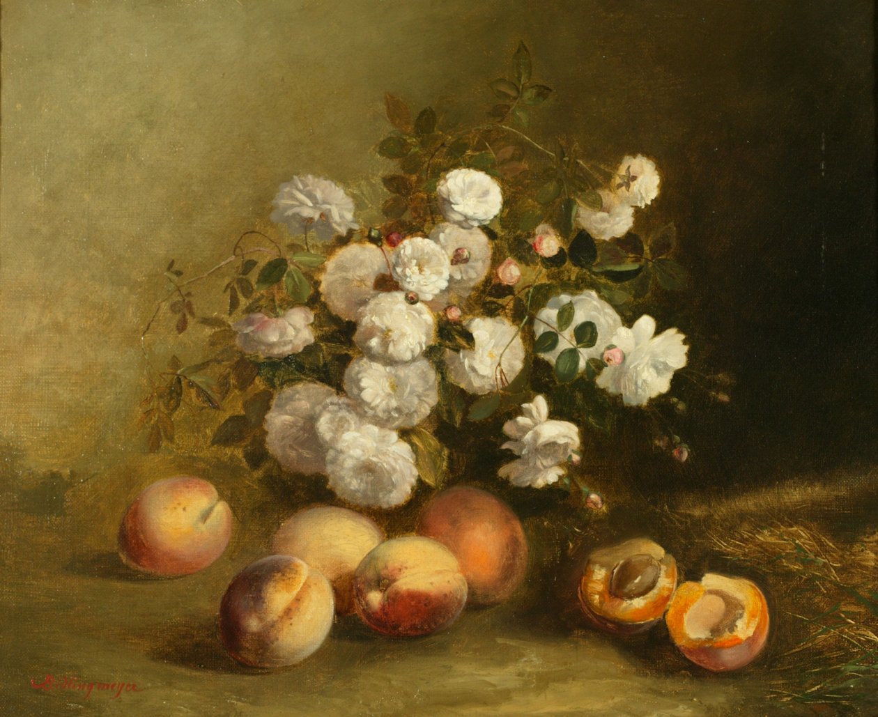 Blomster og aprikoser (olje på lerret) av Jules Bidlingmeyer