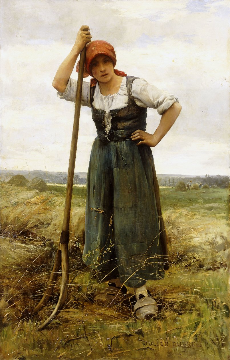 Bondekvinne lener seg på en høygaffel, av Julien Dupre