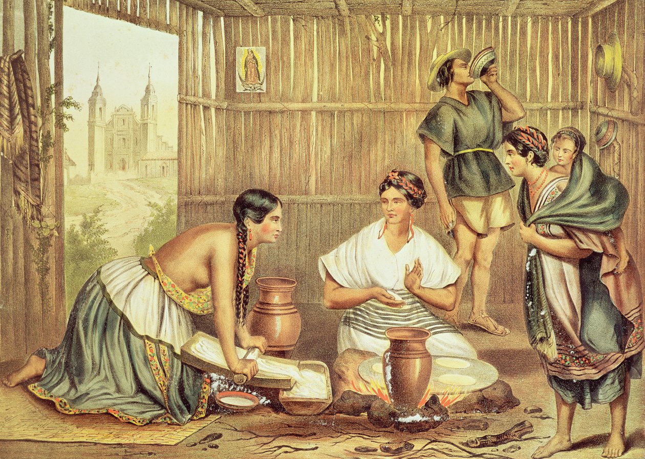 Indianere som forbereder tortillas, fra "An Album of the Mexican Republic" av Julio Michaud