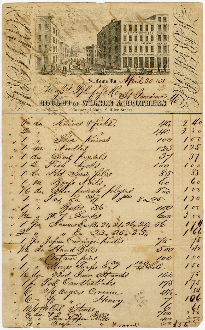 Brevpapir er en gravering av en St. Louis -scene i sentrum på Main og Olive. Wilson og Brothers var importører og forhandlere av utenlandsk og innenlandsk maskinvare i alle filialene av Julius Hutawa Co.