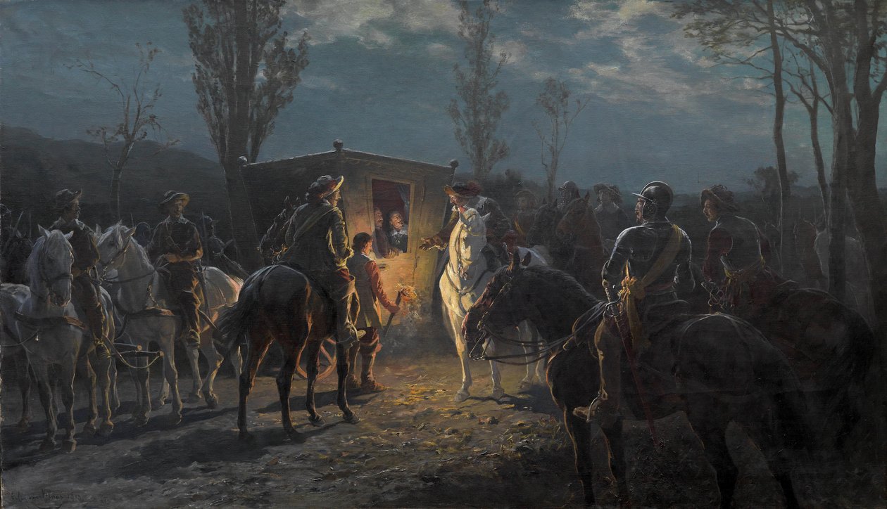 Natt scene. Monterte menn holder en elegant vogn av Julius von Blaas  