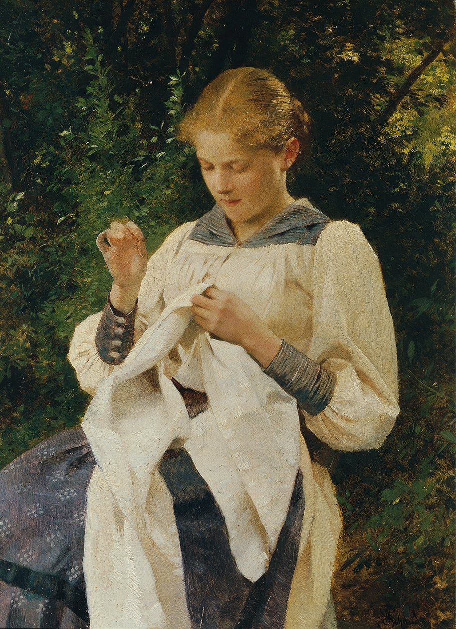 Jente med håndarbeid (Marianne von Scheibenhof-Goriany) av Julius Schmid