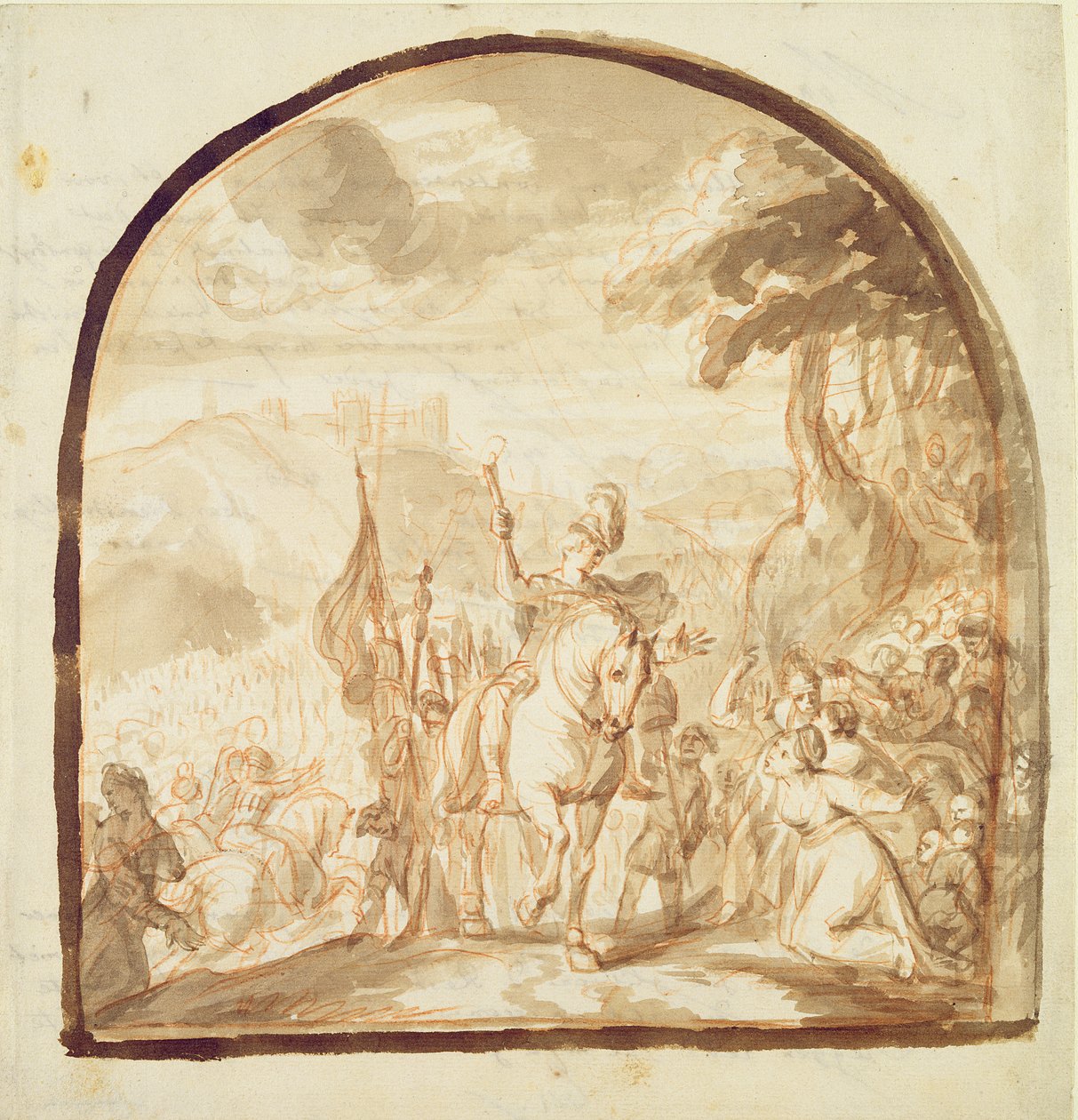 Claudius Civilis forlater kvinnene og barna for å gå og slåss ved Xanten, 1662 (penn og brunt blekk og kritt på papir) av Jürgen Ovens