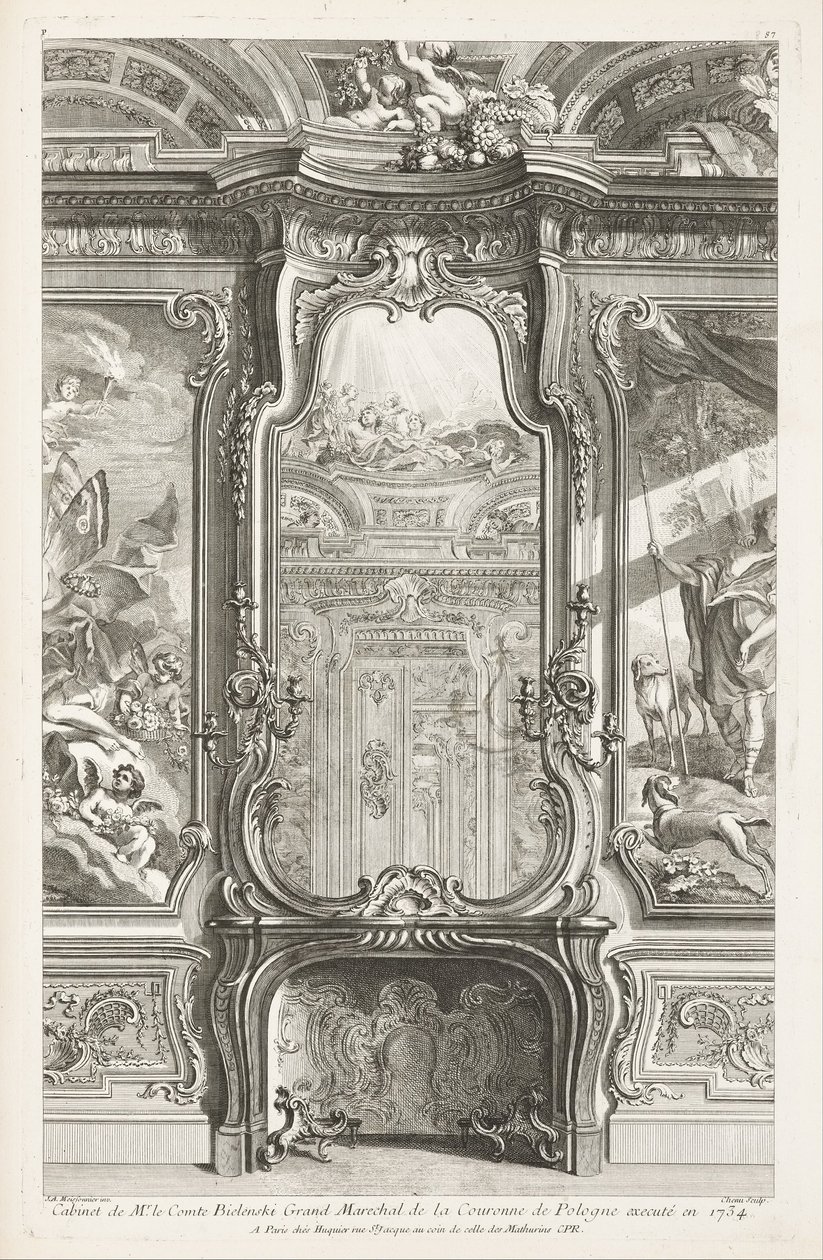 Kabinett for herre grev Bielenski stormarshal av polsk krone henrettet i 1734; Chiminée ... av Juste Aurèle Meissonnier
