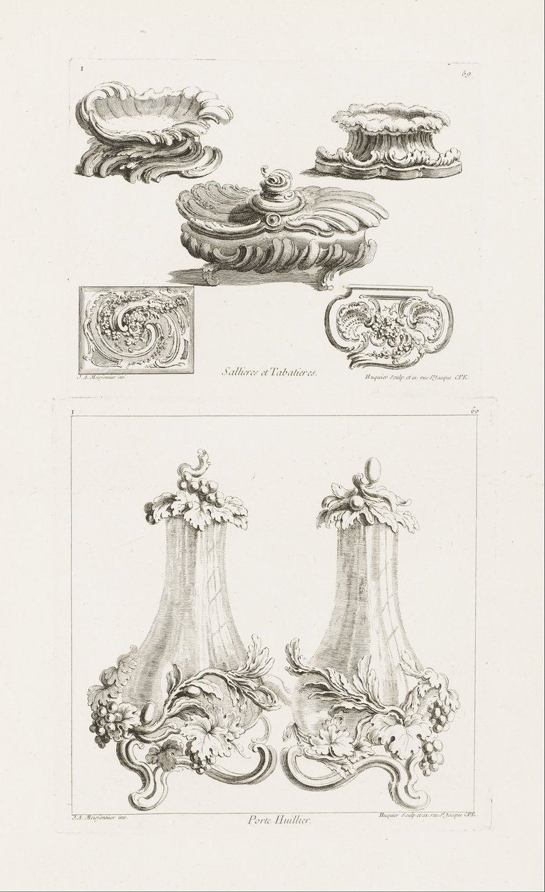 Sallieres et Tabatières (saltretter og snusbokser), tallerken 69 i verk av Juste-Aurèle Meissonni ... av Juste Aurèle Meissonnier