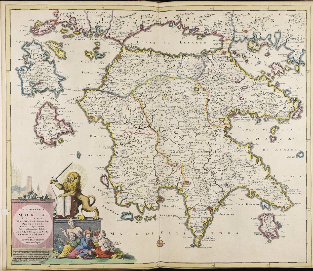 Det osmanske riket på denne dagen er kongeriket Morea, tydelig delt inn i alle sine provinser, både moderne og gamle, som øyene Cefalonia, Zante, Cerigo og S. Maura av Justus Danckerts