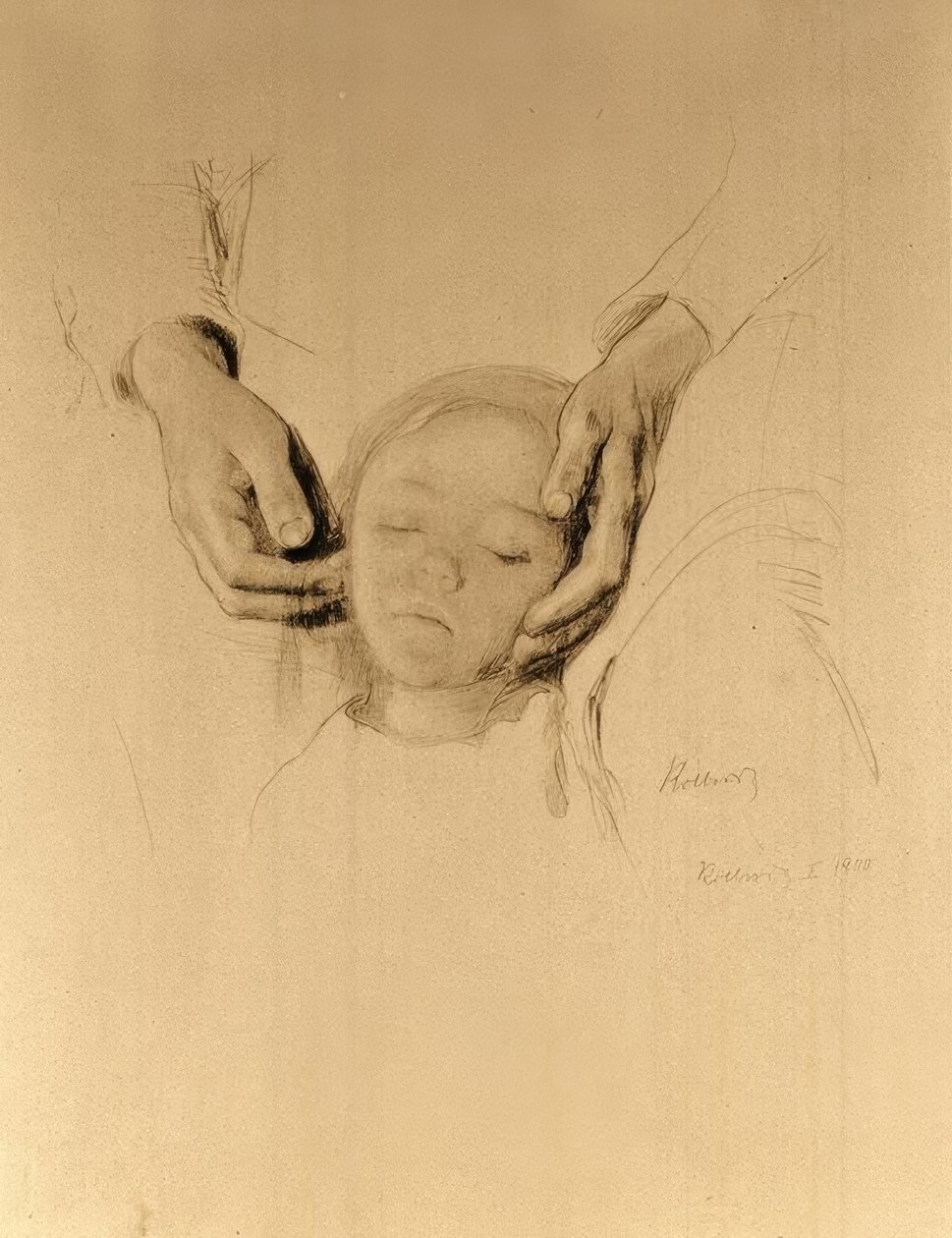 K. Kollwitz, et barnehode i hendene. av Käthe Kollwitz