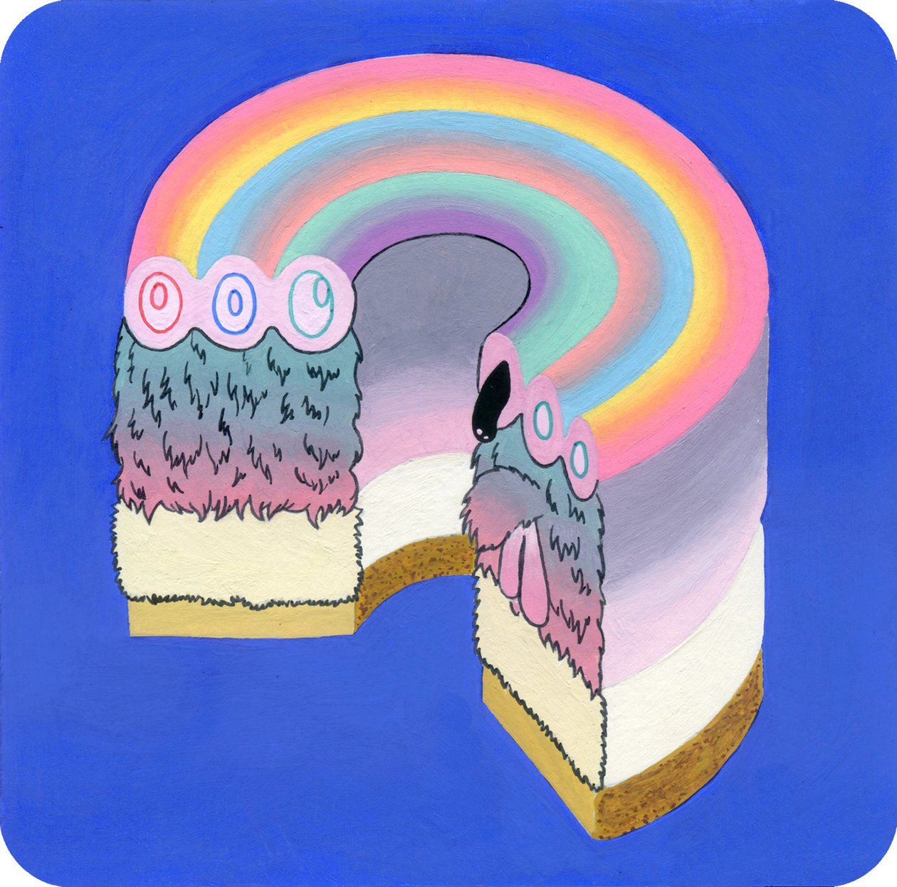 Fuzzcake, 2017 (blandet media på papir) av Kam Tsz