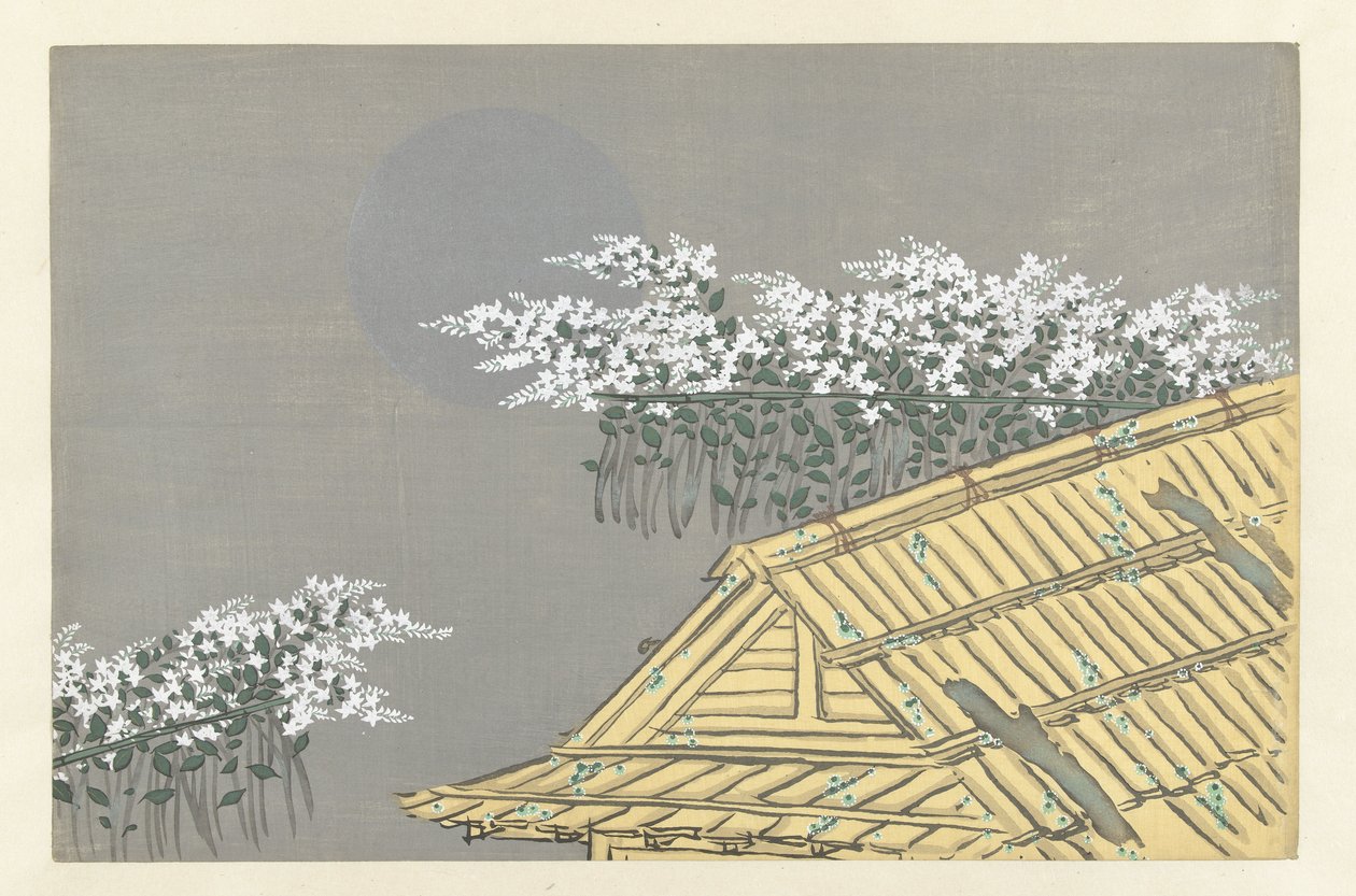 Hvit blomst ved hus, 1909 (treblokktrykk) av Kamisaka Sekka