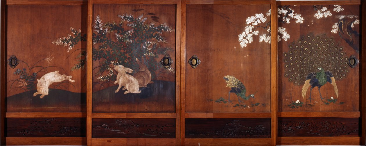 Malerier på skyvedører i tre, ca. 1700 (blekk og wc på tre) av Kano Tsunenobu