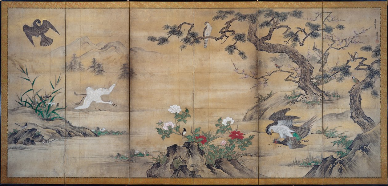 Fugler, trær og blomster, sent på 1500-tallet. av Kano Mitsunobu