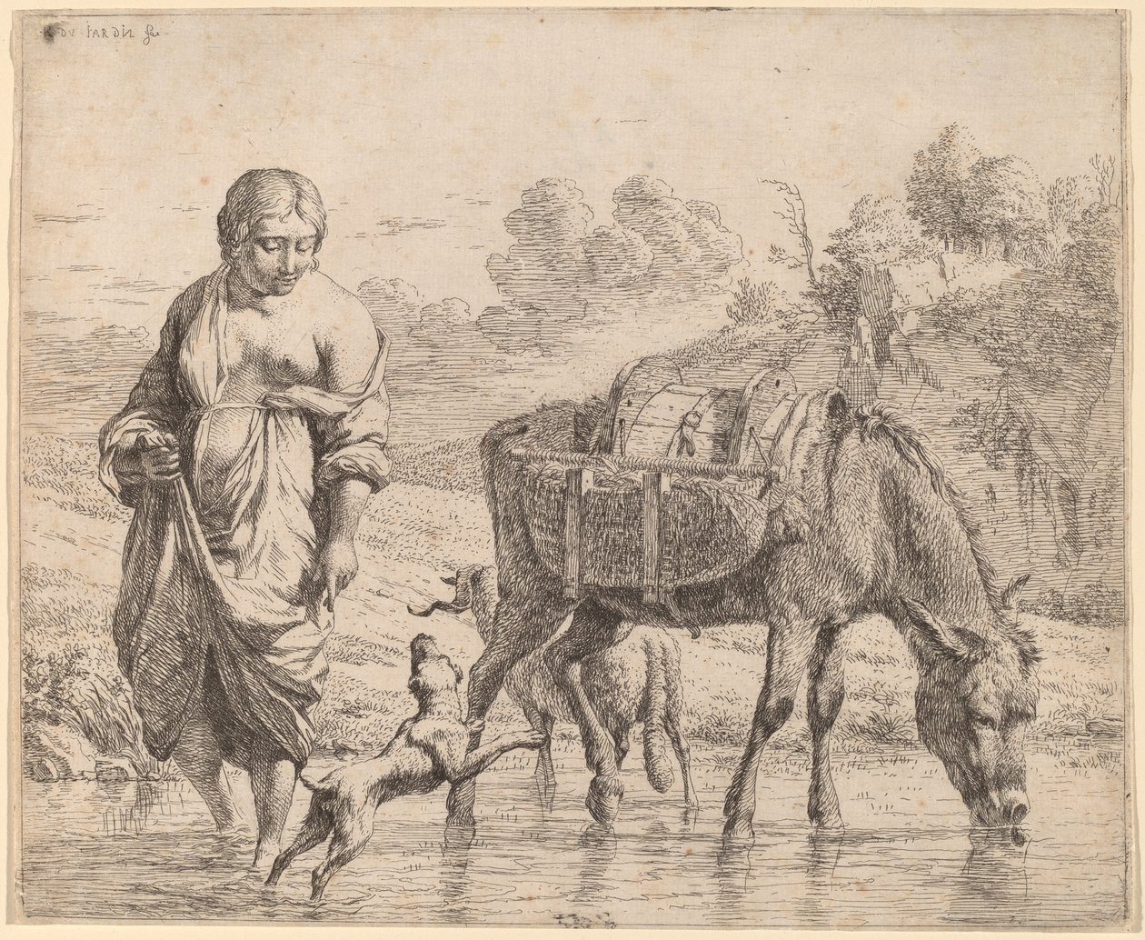 Kvinne krysser en bekk av Karel Dujardin