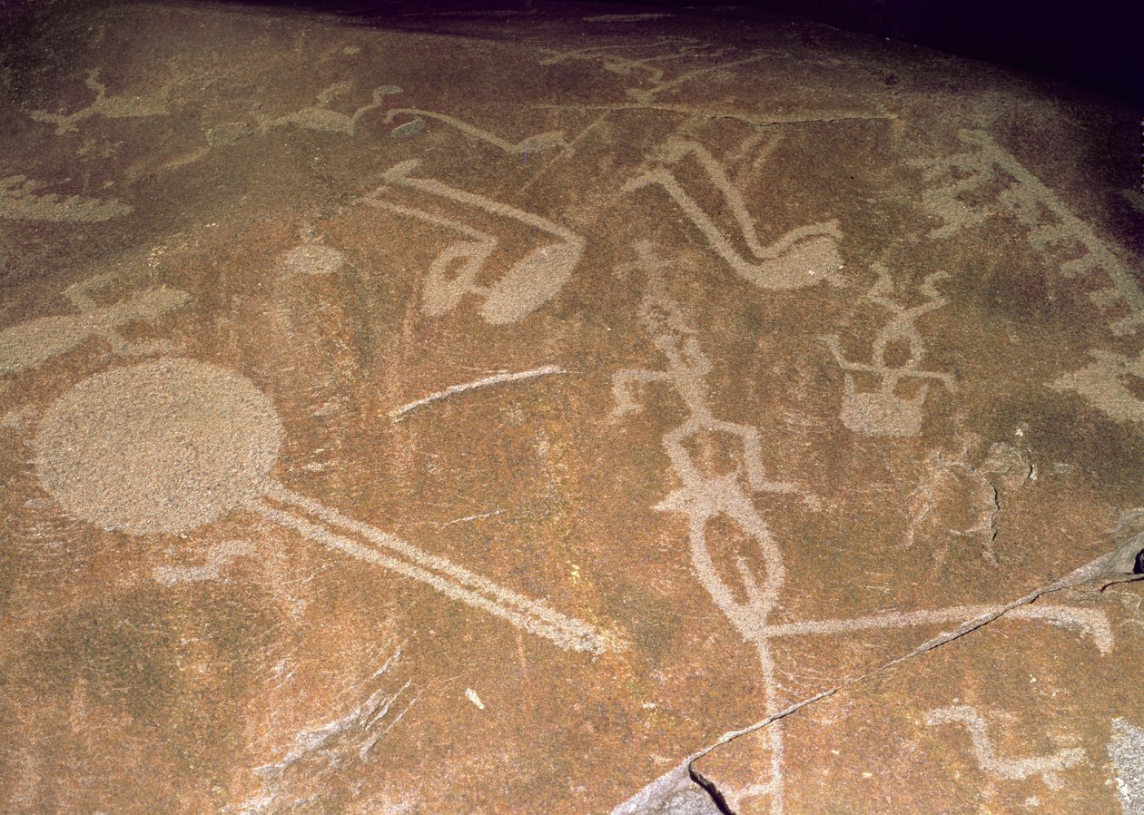 Utskåret helleristning som viser figurer, hjort, elg, fugler, båter og sirkler, 3. årtusen f.Kr. (granitt) av Karelian