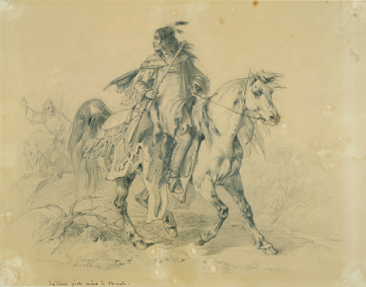 Blackfeet warrior på hesteryggen, ca. 1833-43 (blyant, penn og wc på papir) av Karl Bodmer