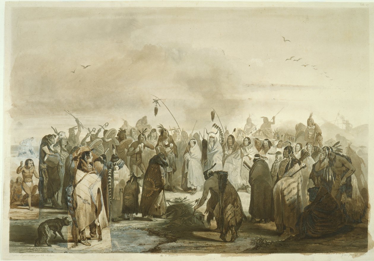 Skalpdans fra Minatarres, ca. 1833-43 (blyant, penn og wc på papir) av Karl Bodmer