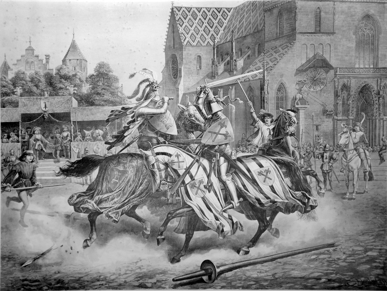 Turneringen i Basel mellom Heinrich von Ramstein og spanjolen Don Merlo desember 1428. Forlag av Emil Birhäuser, Basel av Karl Jauslin