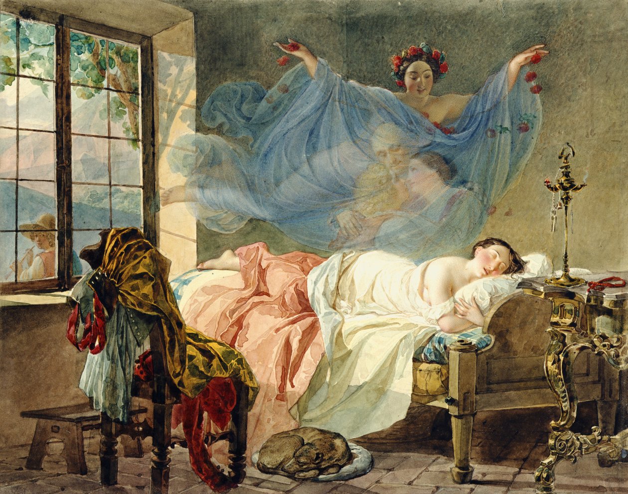 Drømmer om en ung jente ved daggry, 1830-33 (wc på kort) av Karl Pavlovich Bryullov