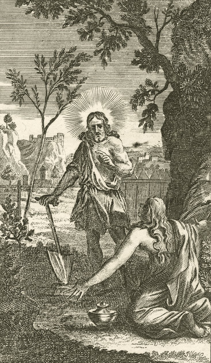 Jesus dukker opp som gartner for Maria Magdalena, fra en tysk andakt, 1709 (kobberplategravering) av Karl Remshard