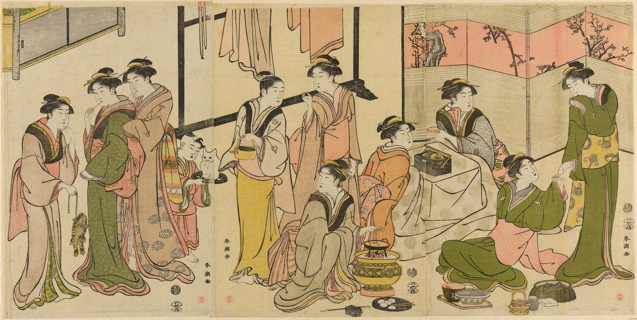 Alene d Te Kotatsu av Katsukawa Shuncho