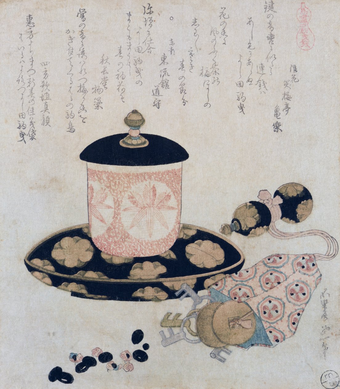 En kanne med te og nøkler, 1822 (farget treblokktrykk) av Katsushika Hokusai
