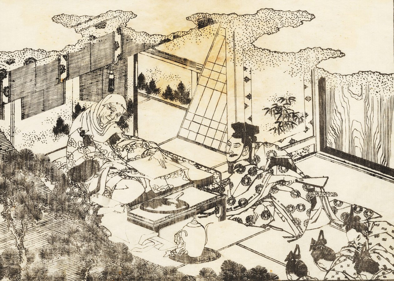 En gammel kvinne, kanskje buddhisme -nonne, sitter og en ung kvinne leser noe for henne av Katsushika Hokusai